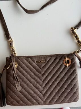 Taupe Quilted Chevron Crossbody Bag with Gold Accents